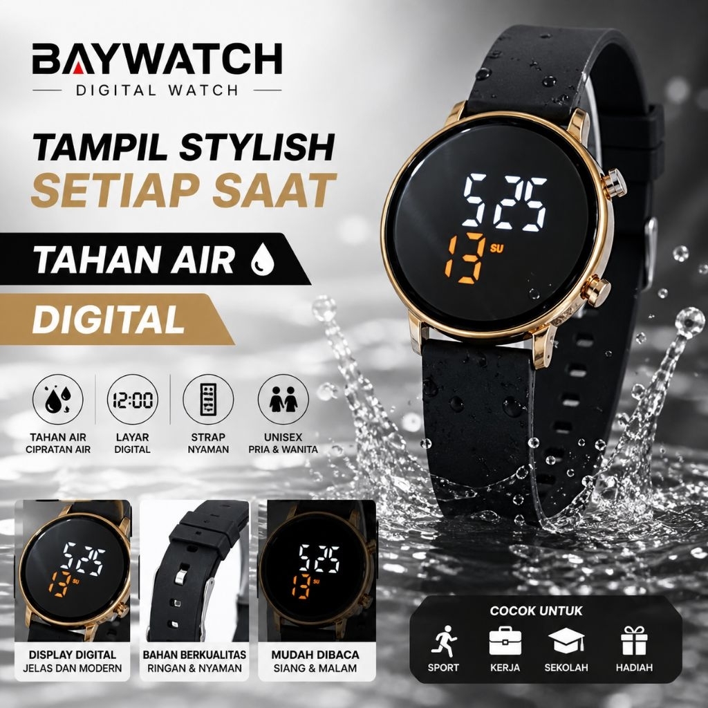 Jam Tangan Pria/Wanita Baywatch Digital Waterproof Sport LED Original Tahan Air Murah