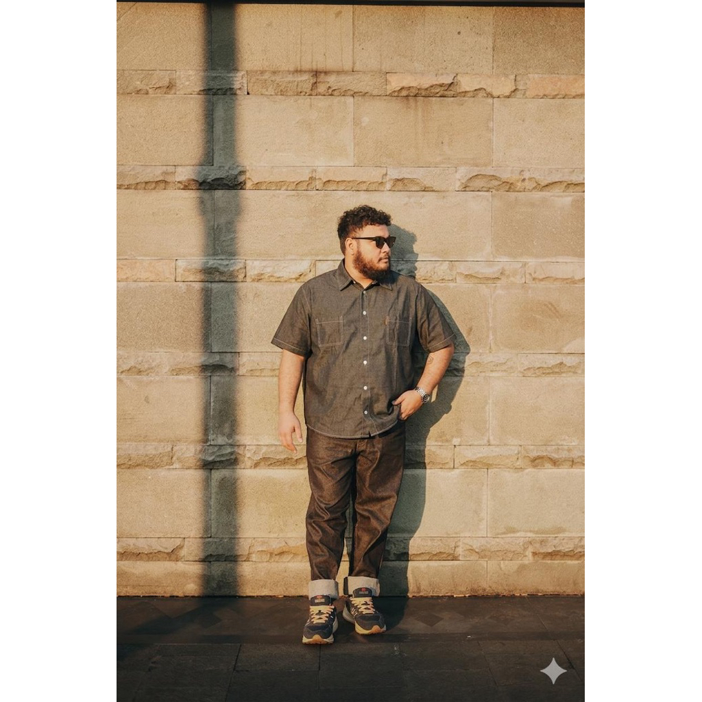 Fatgoods kemeja pendek pria black raw denim cotton