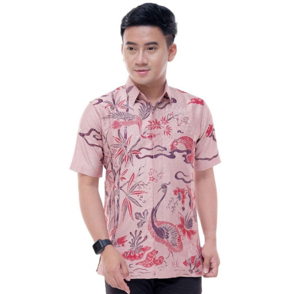 Batik Hem tulis pria modern kain satin lengan pendek dalam lapis furing premium/Hem batik tulis Peka