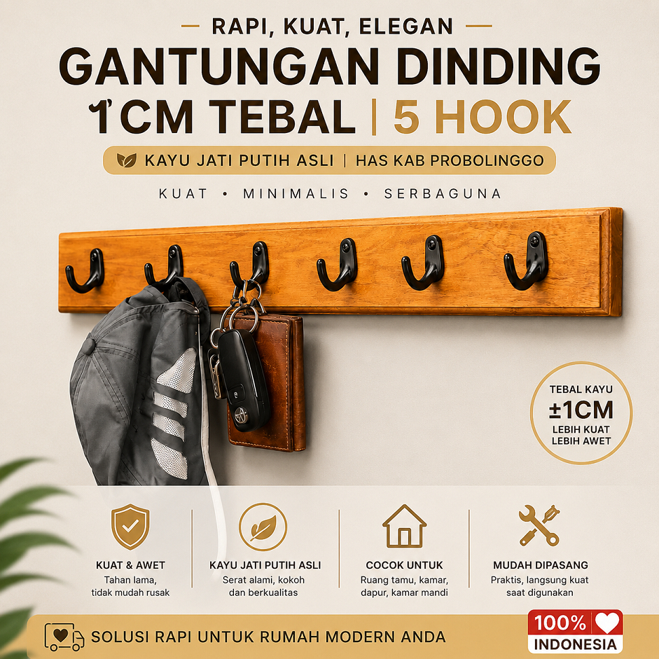 Kapstok Dinding Kayu Jati Putih 5 Hook Plitur Doff Elegan Untuk Baju Tas dan Kunci Tebal 1CM