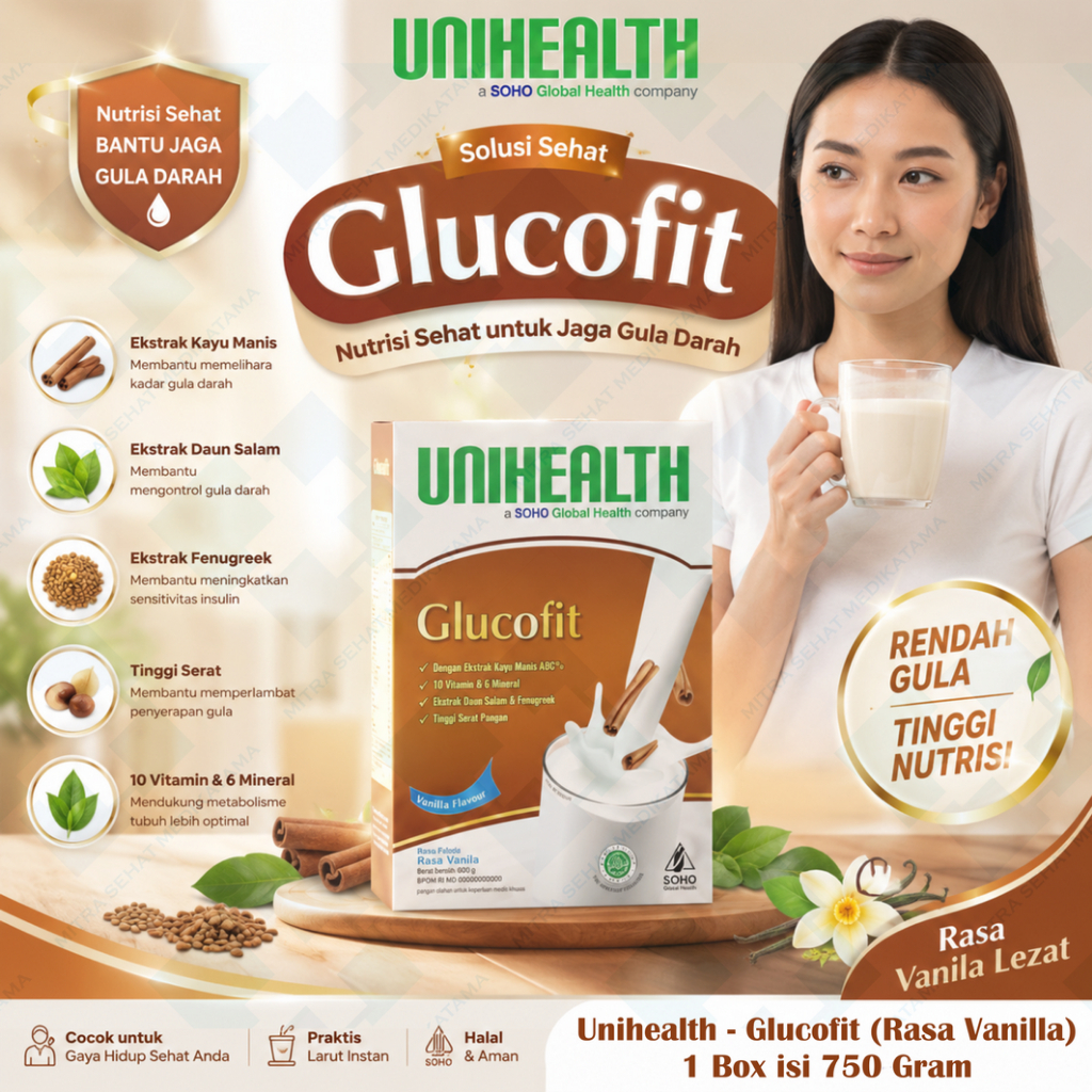 UNIHEALTH - Glucofit Susu — Nutrisi Lengkap Khusus Diabetes & Pradiabetes (isi 750 gram)