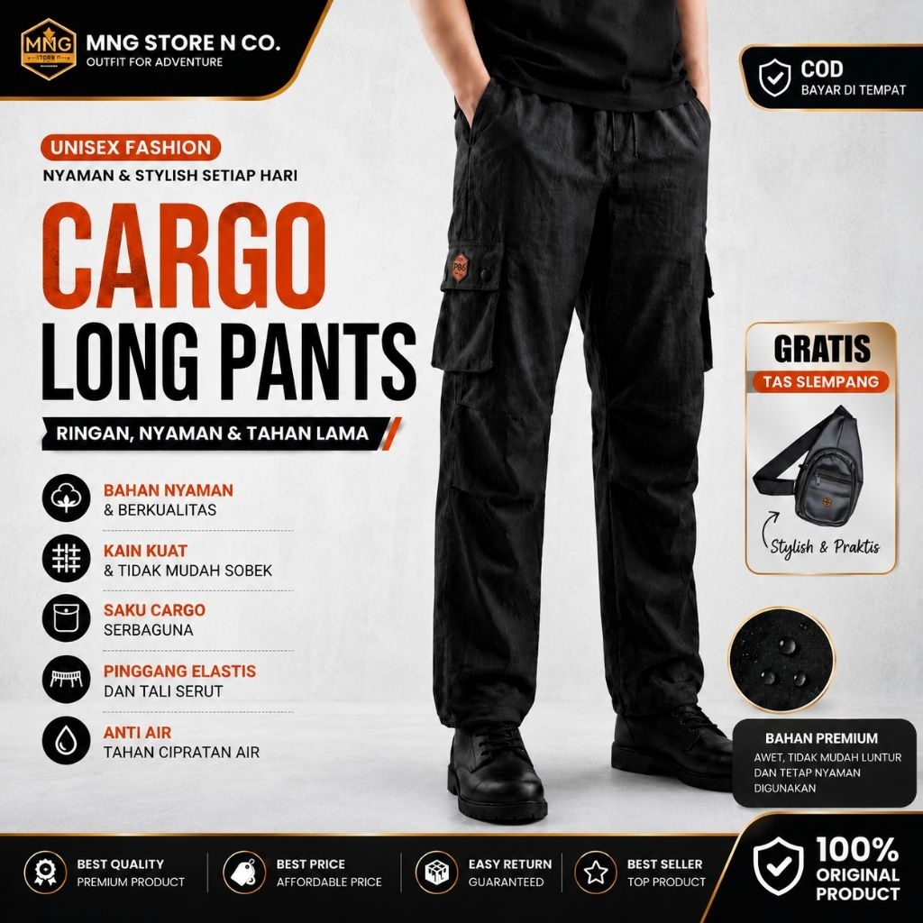 MnG Cargo Long Pants Black Pria Wanita Casual Outdoor Simple