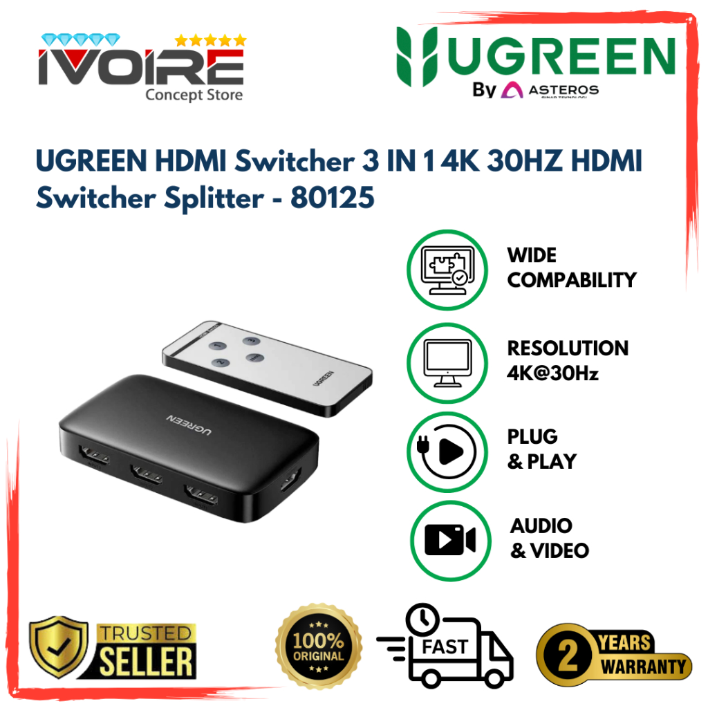 UGREEN HDMI Switcher 3 IN 1 4K 30HZ HDMI Switcher Splitter - 80125