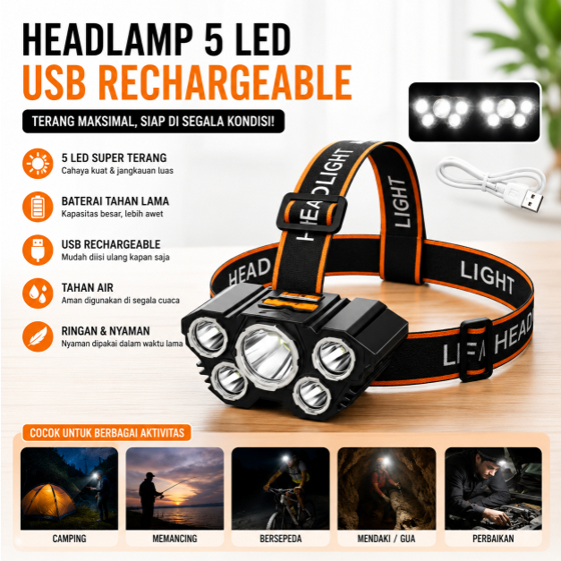 Senter Kepala 40 Watt L-T21 5 Led Rechargerable 4 Mode Cahaya Lampu Senter 50Watt
