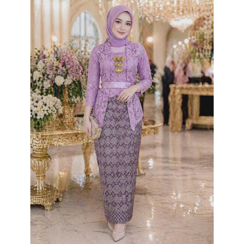 Kebaya Jadi Medan Limited Set Kebaya Kutubaru Brokat Lapis Furing Free Obi Lengan 7/8 & Rok Kebaya J