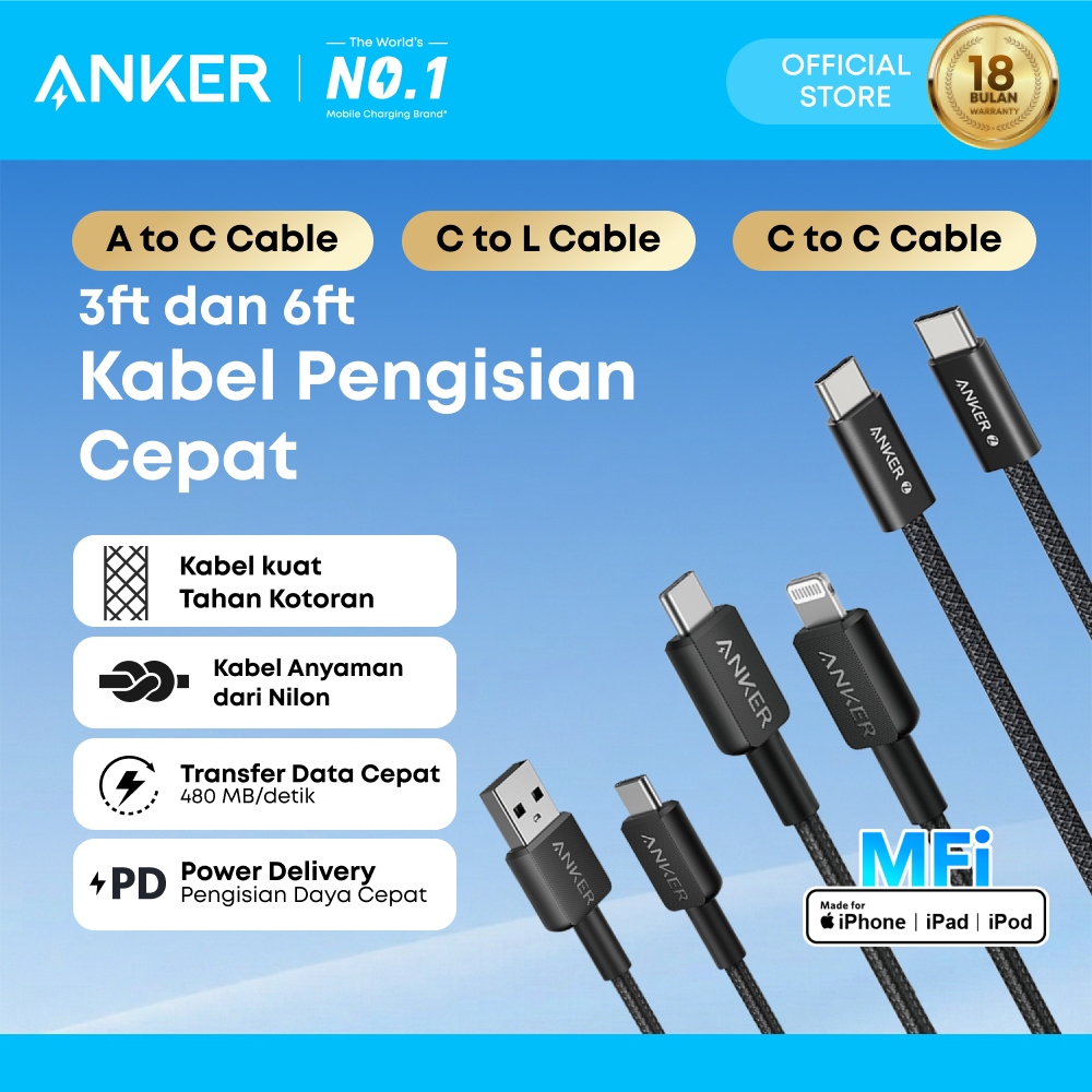 Anker Kabel MFi iPhone X 11 12 13 14 15 16 PD Type C to USB A Type C and Lightning 15W 60W 240W 3ft 