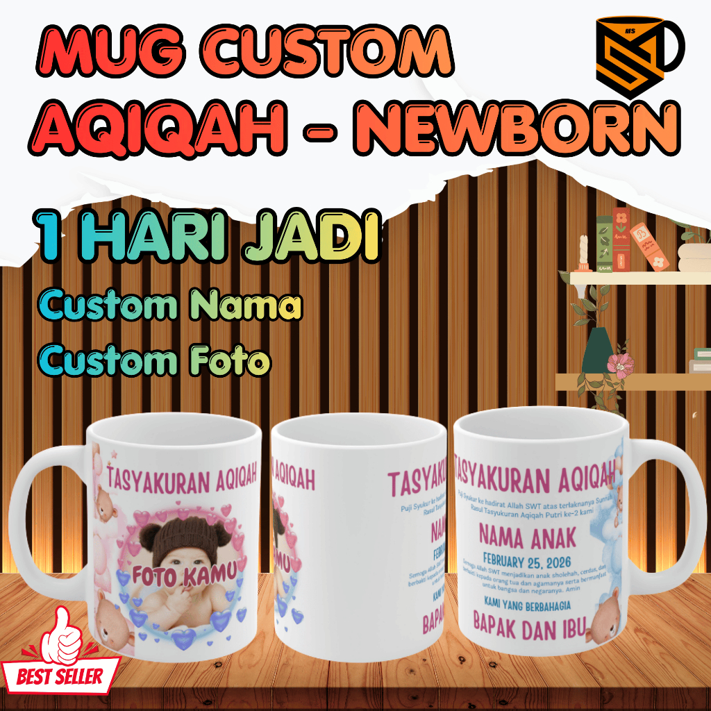 Kado Aqiqah Unik dan newborn  Berkesan – Mug Custom Foto Nama Free design Personal Gift Cetak Mug Sa