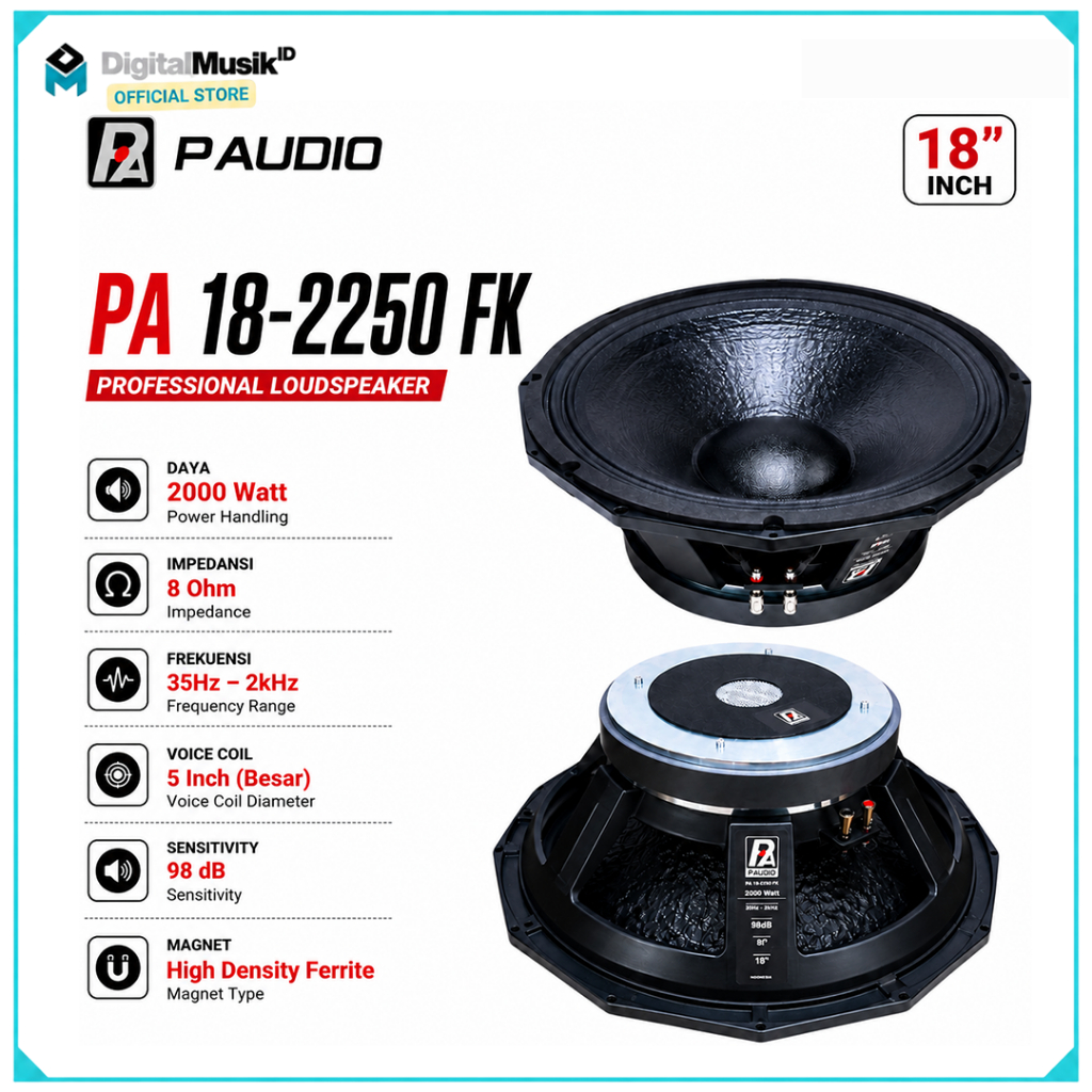 P AUDIO Speaker Komponen  PA 18-2250 FK (18 Inch) 2000 Watt  Subwoofer Lapangan Voice Coil 5 Inch