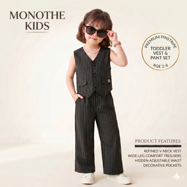 Monothe Kids - Setelan Anak Perempuan Pinstripe Premium Gaya Korea Formal Casual Celana Kulot Kuliah