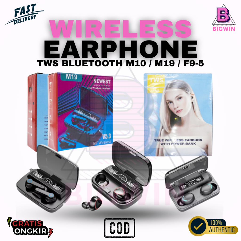 HANDSFREE TWS M19 / SPORT M10 / F9-5+ EARPHONE BLUETOOTH WIRELESS M19 TWS LED HEADSET BLUETOOTH 5.1 