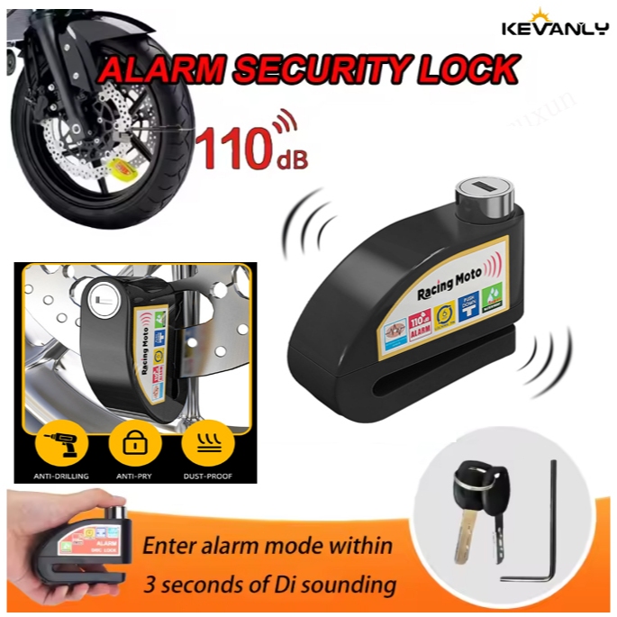 KEVANLY Gembok alarm pengaman sepeda motor dan sepeda, gembok cakram paduan aluminium anti-pencurian