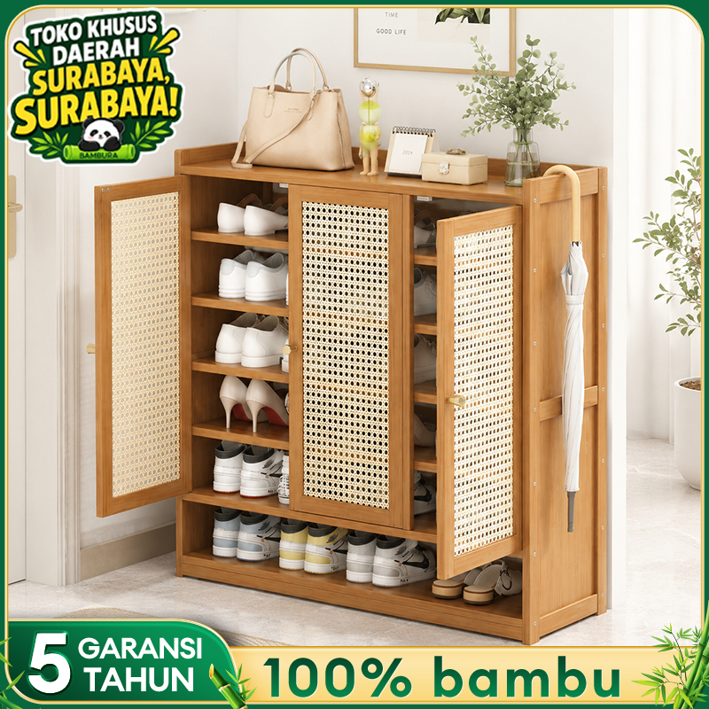 Lemari Sepatu Bambu Lemari Sepatu Tertutup Rotan  2/3/4Pintu Rak Sepatu Tertutup Lemari Sepatu Susun