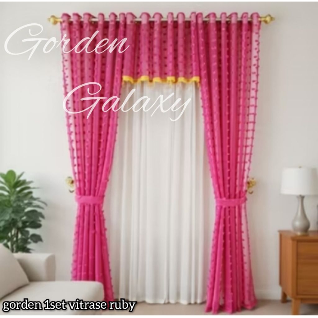 gorden satu set poni ukuran jendela dan pintu model ring smockring bahan vitrase ruby warna pink pan