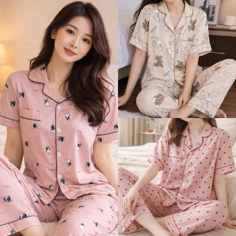 EMILY PIYAMA Baju Tidur Set Piyama Series 2 Bahan Poly Bamboo Lengan Pendek/Panjang Celana Pendek/Pa