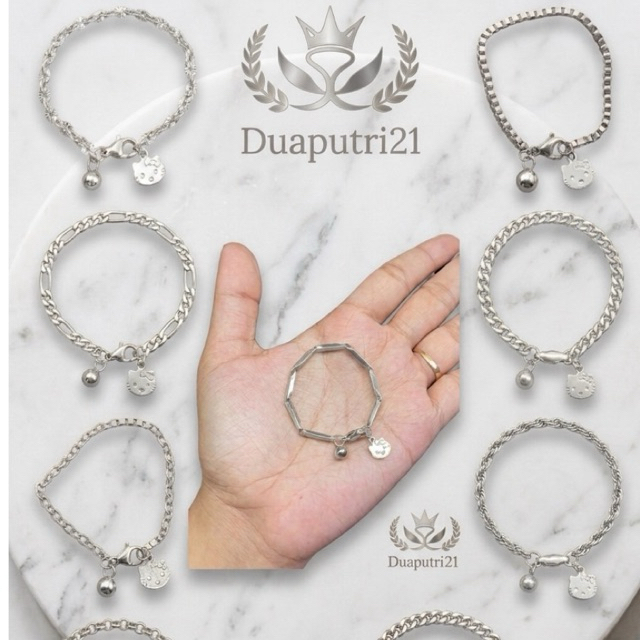 Gelang Anak Dewasa Wanita Titanium Silver Hello Kitty Boba