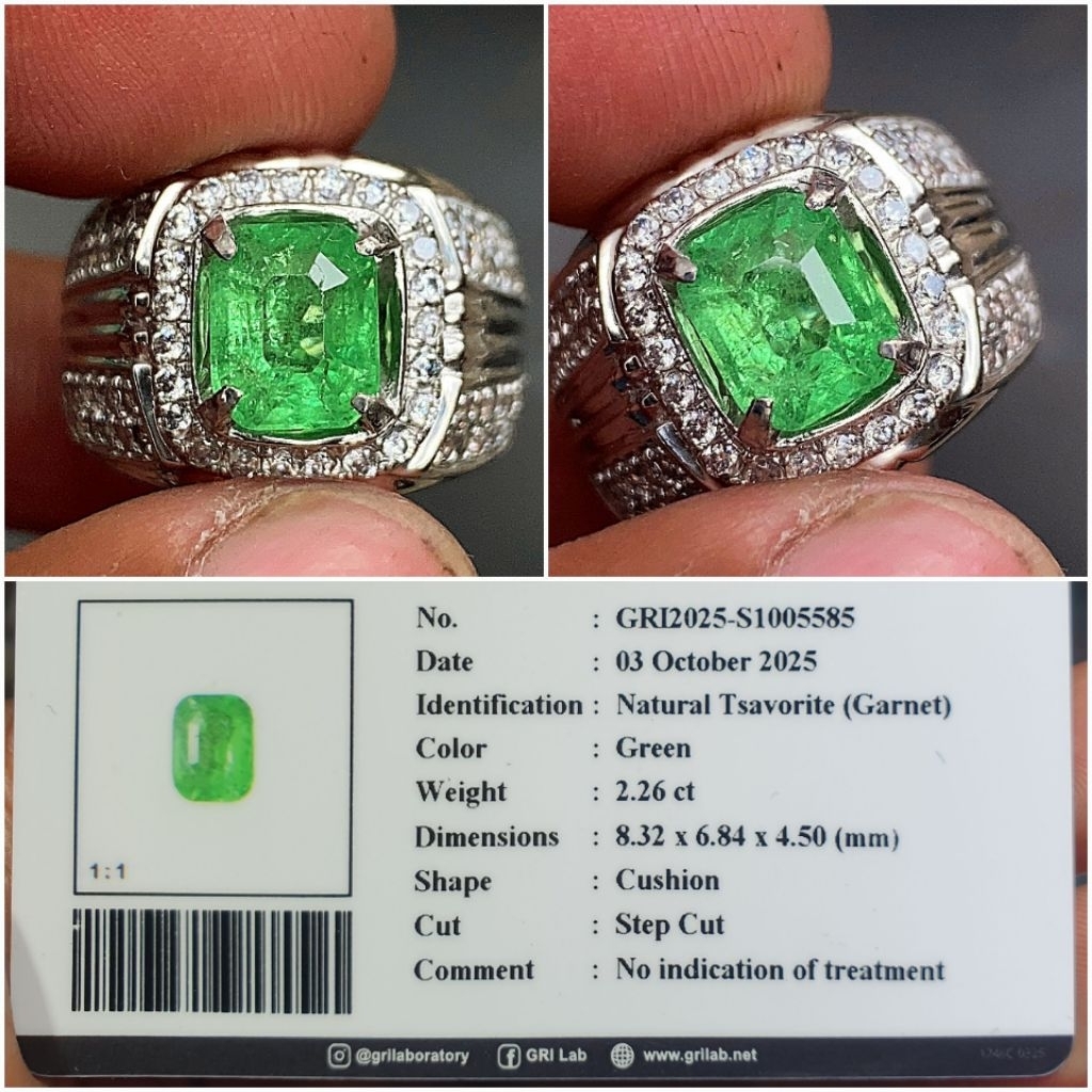 natural tsavorite Garnet 2.26ct NTE memo GRI ring perak warna bagus kristal