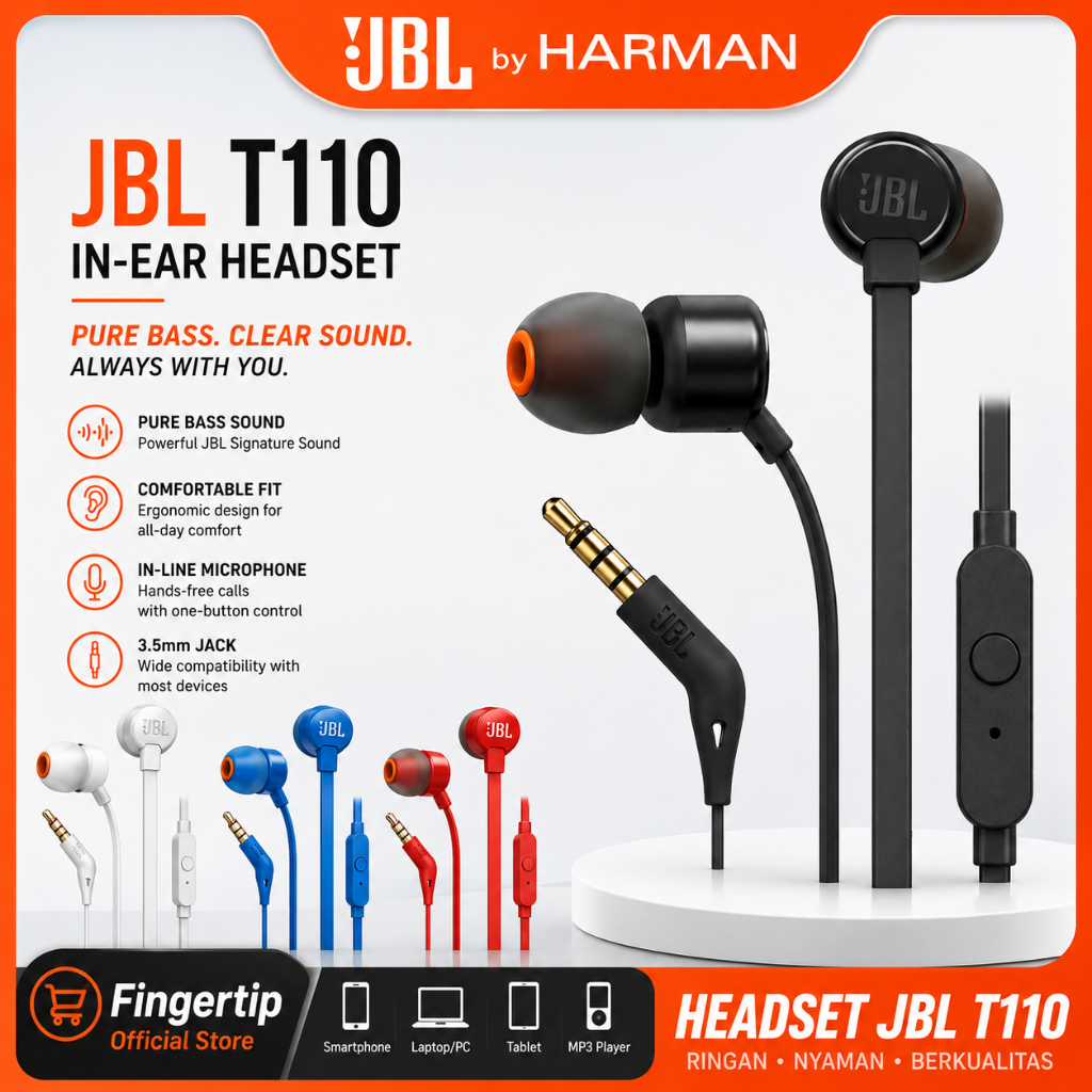 Headset JBL T110 Original Bass Mantap Earphone Kabel 3.5mm Dengan Mic Suara Jernih