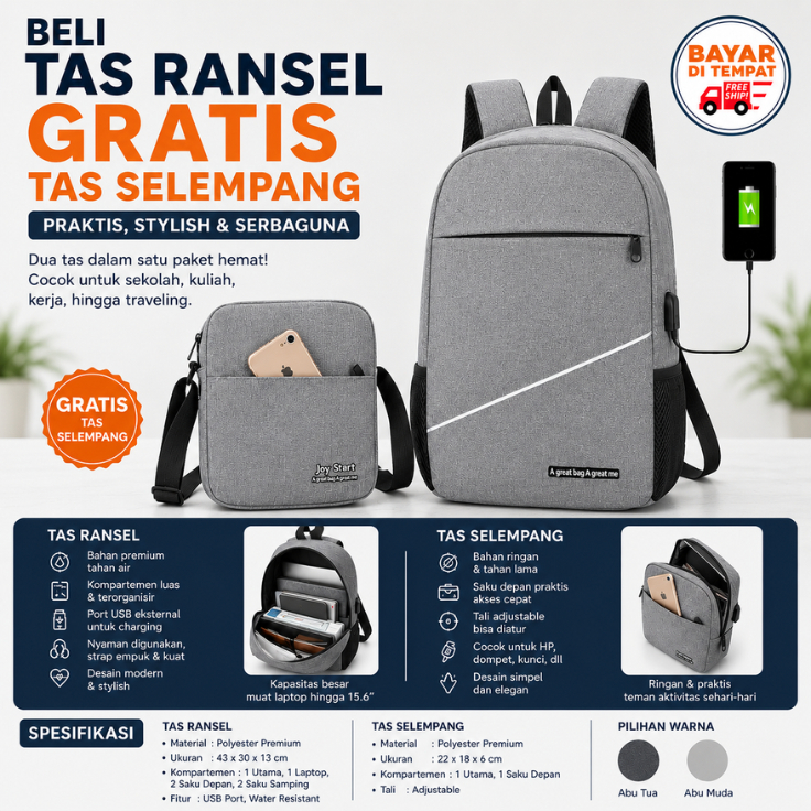 Beli Tas Ransel Joy Start Gratis Tas Selempang Joy Start Tas Ransel Dengan Port Usb Charge