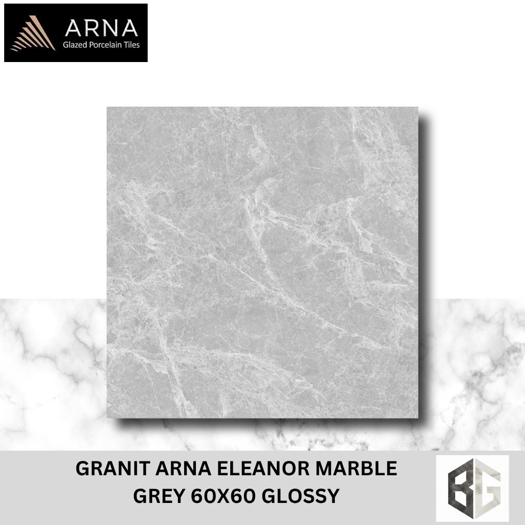 Granit Lantai Arna Eleanor Marbel 60x60 Glossy Grey,Dark grey, White, Brown Motif Marmer