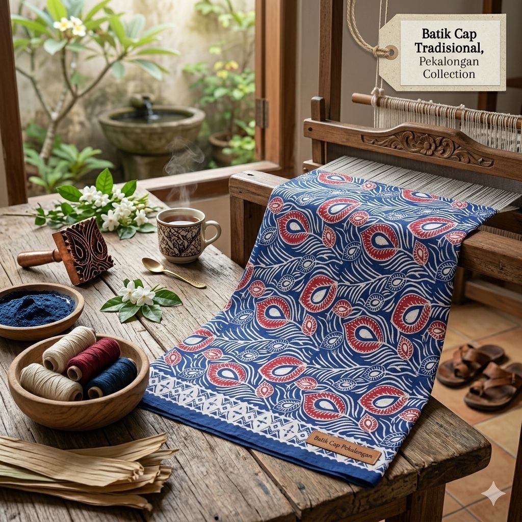 KAIN BATIK CAP CETAK MOTIF BULU MERAK BIRU MERAH BATIK ELEGAN KAIN BATIK TRADISIONAL