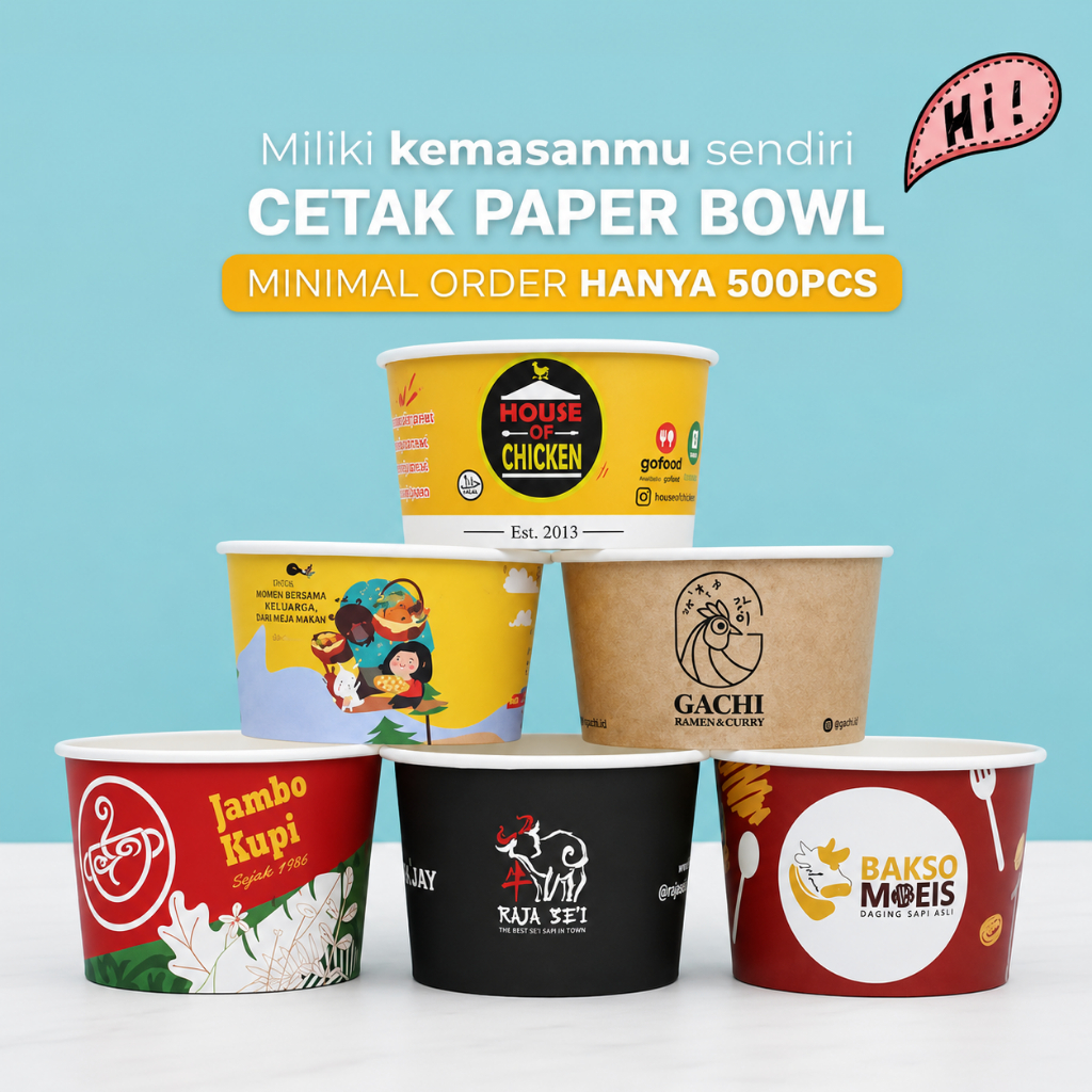 Paper Bowl Custom Logo Full Print Food Grade Untuk Rice Bowl Kemasan Makanan Murah Minimal 500 pcs