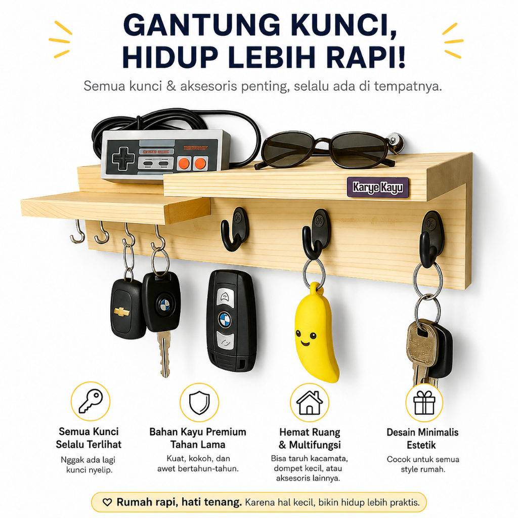 Rak Gantungan Kayu Minimalis Tempat Kunci Baju Tas Hiasan Dinding Aesthetic