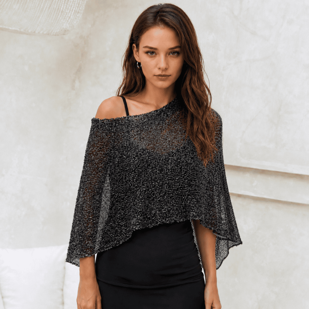 atasan Wanita Poncho Jaring bali | Poncho Knit Wanita Metallic Sheer Asimetris Off Shoulder | Outer 