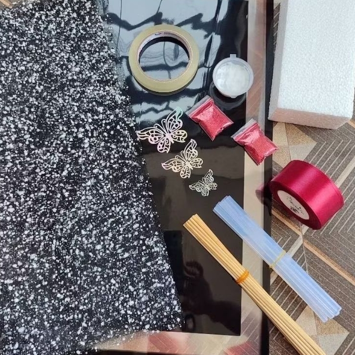 Paket Lengkap dan Murah Bahan Buket Pita Satin Glitter - Bahan Membuat Buket Bunga Satu Set