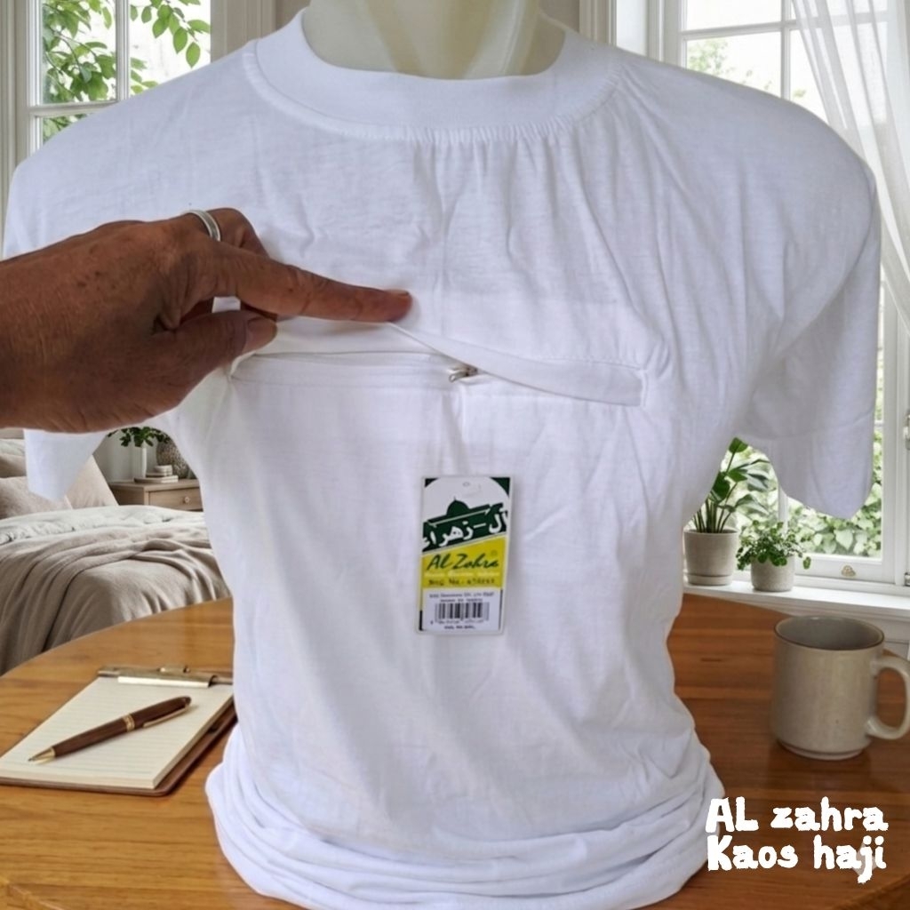 Kaos aL zahra kantong dora emon resleting /baju kaos oblong perlengkapan haji dan umrah