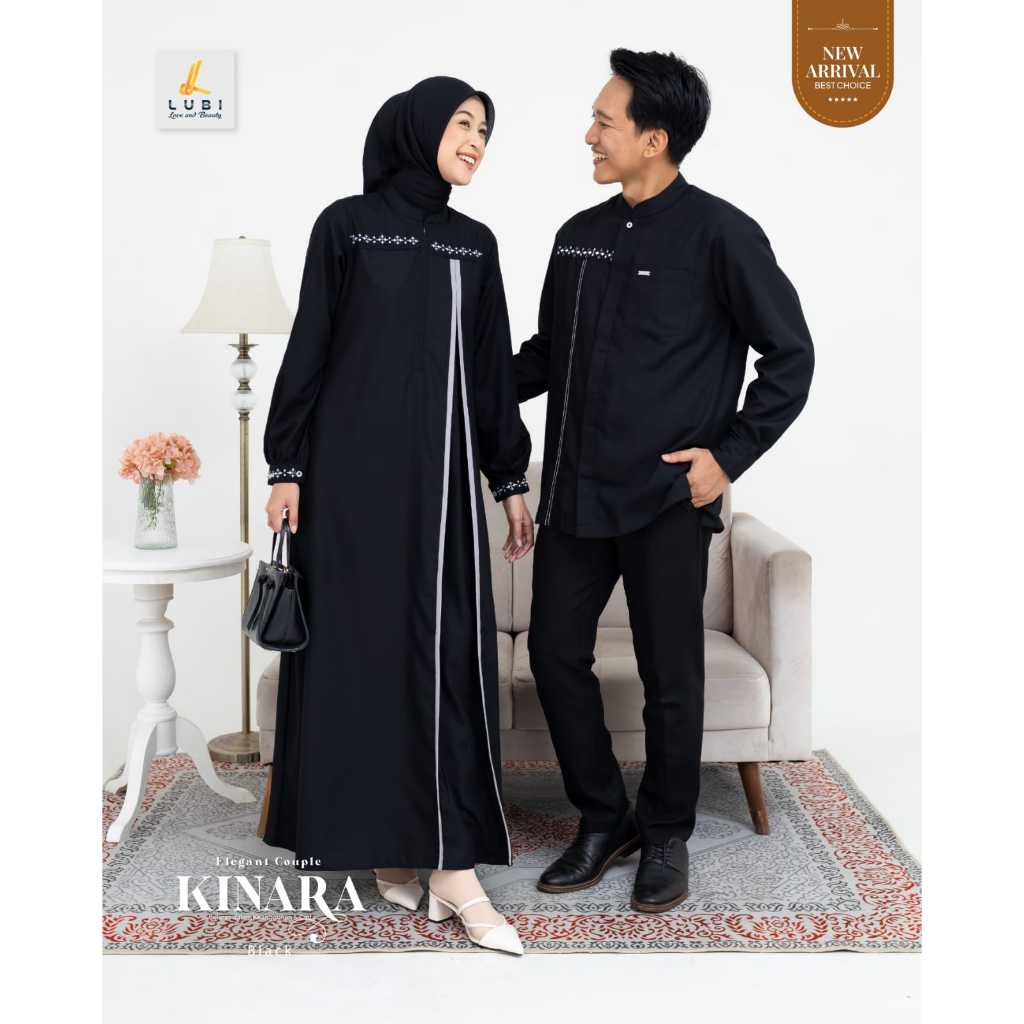 SARIMBIT COUPLE MUSLIM HITAM ELEGAN KINARA FAMSET BY LUBI FASHION PREMIUM GAMIS SYARI DAN KOKO MODER