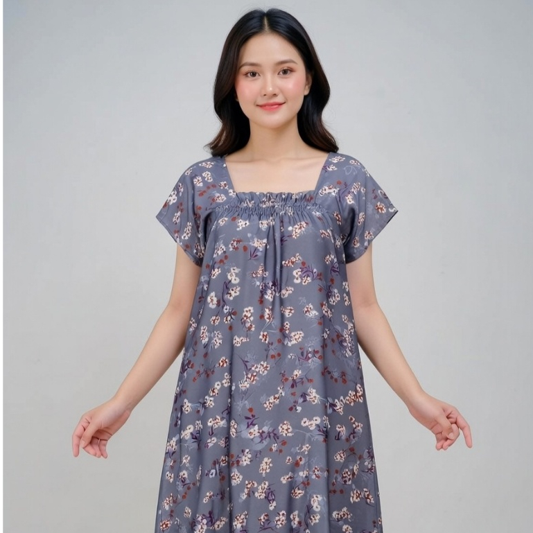 Daster Fuji Motif Bunga Kerut Dada Dress Santai Kekinian