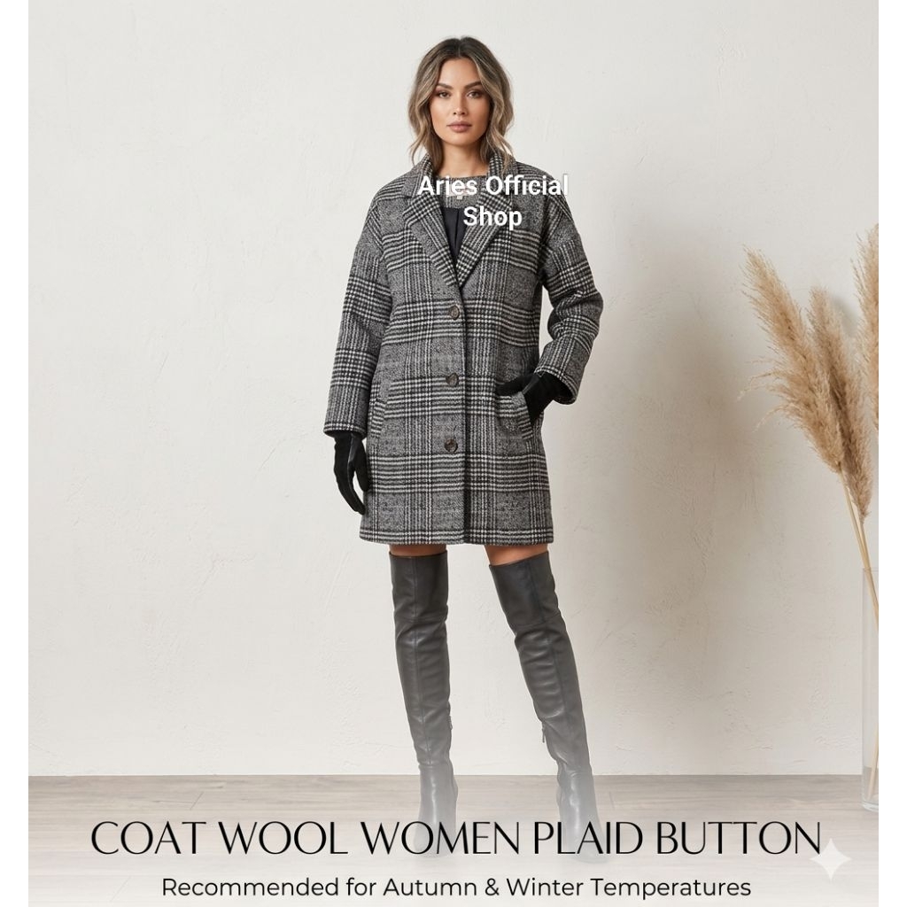 Coat Outer Wool Motif Kotak Untuk Wanita