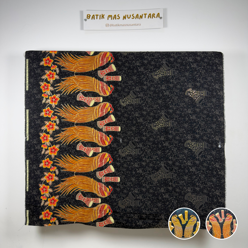 Kain Batik Prada Halus Motif Papua Burung Cendrawasih Warna Hitam dan Hijau Emerald (Per Meter)