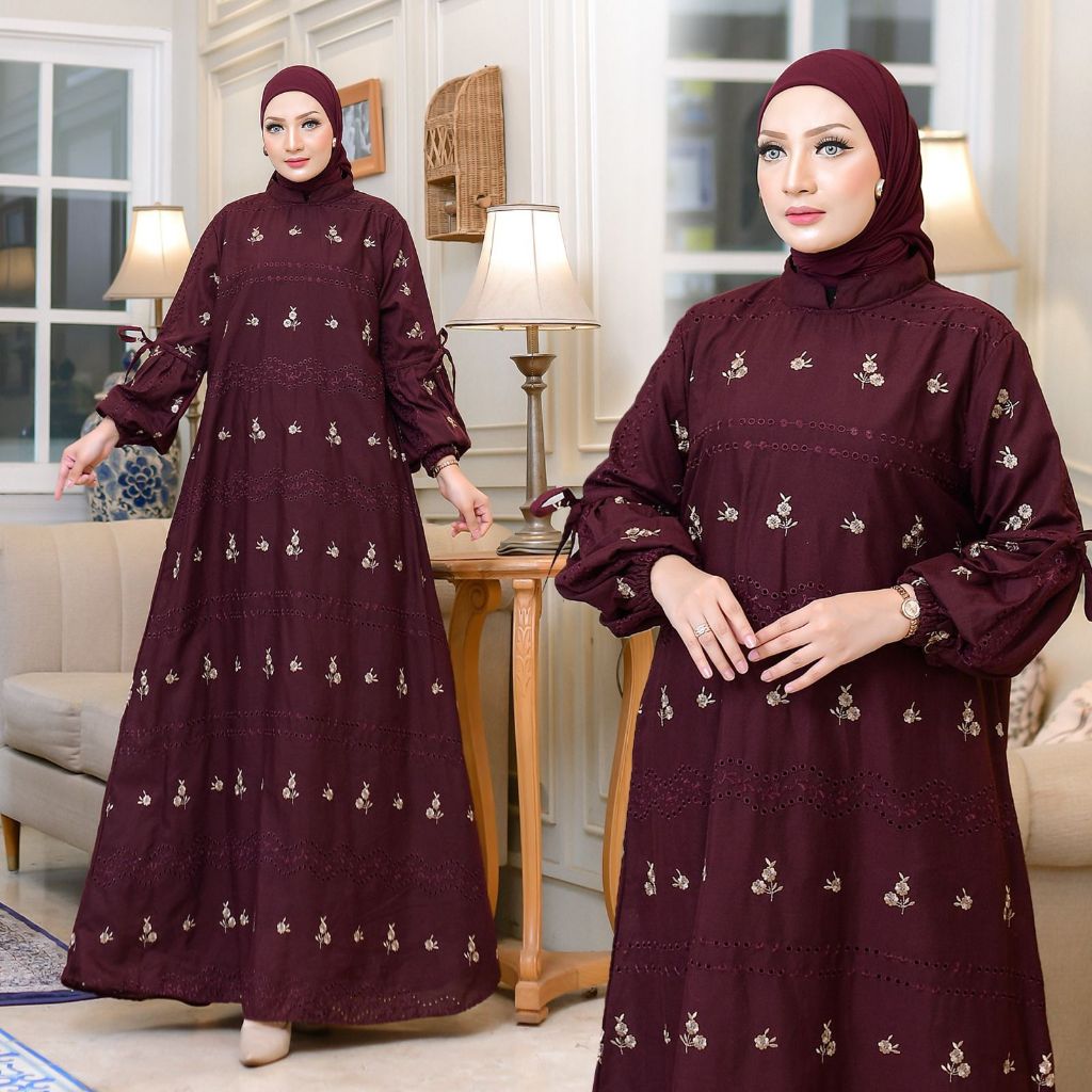 Gamis katun bordir bolong all size full furing