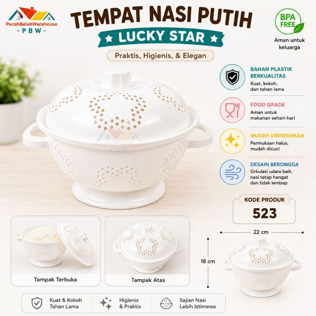 Tempat Nasi Tutup Putih Lucky Star 523 / Ceting Nasi Plastik+Tutup/Ceting Nasi Estetik