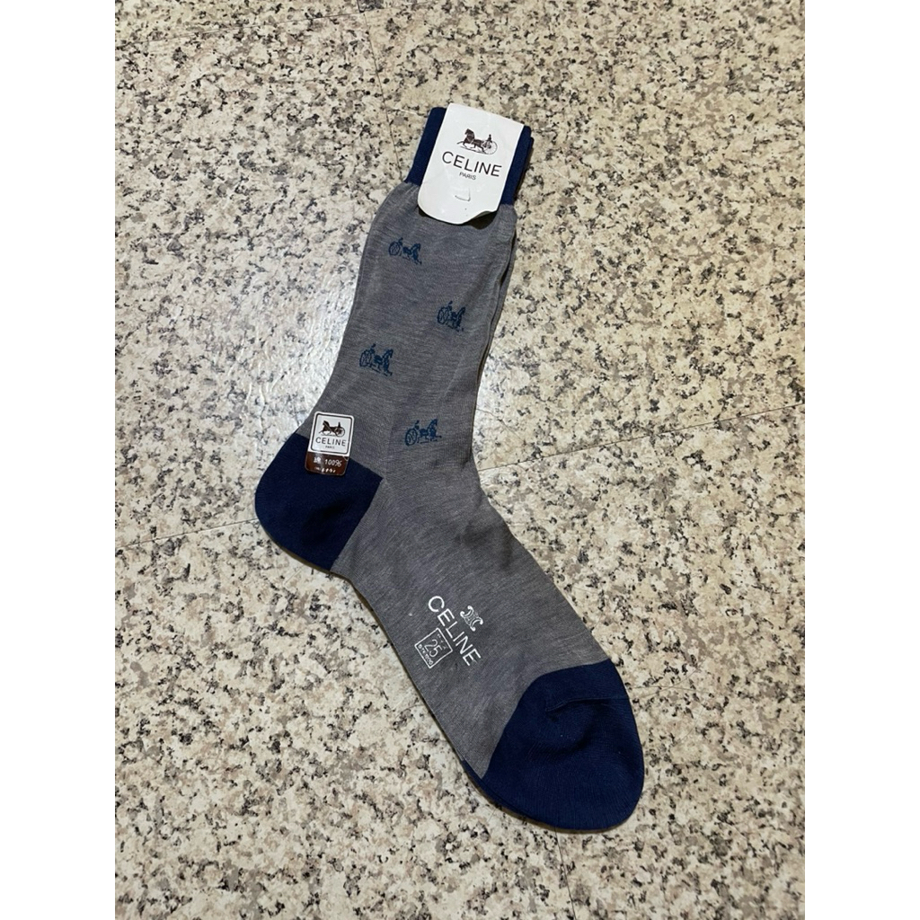 Kaos Kaki Vintage CELINE PARIS "Sulky" Carriage Monogram Socks Grey Navy - Original Vintage NWT