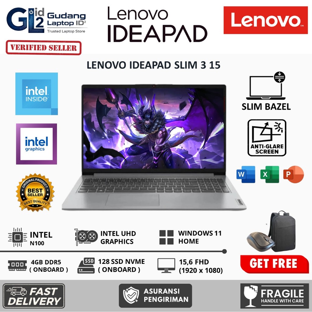 Leptop LENOVO IDEAPAD Slim 3 15 Intel N100 Ram 4GB DDR5 SSD 128GB 15,6 FULL HD Windows 11