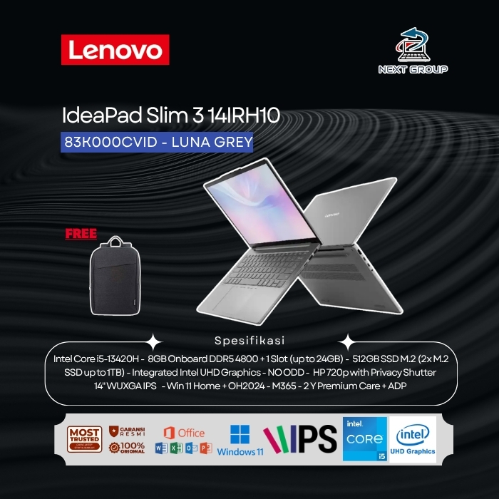 Lenovo IdeaPad Slim 3 14IRH10 83K000CVID Core i5-13420H 8GB 512GB 14" W11+M365+OH2024 - Luna Grey