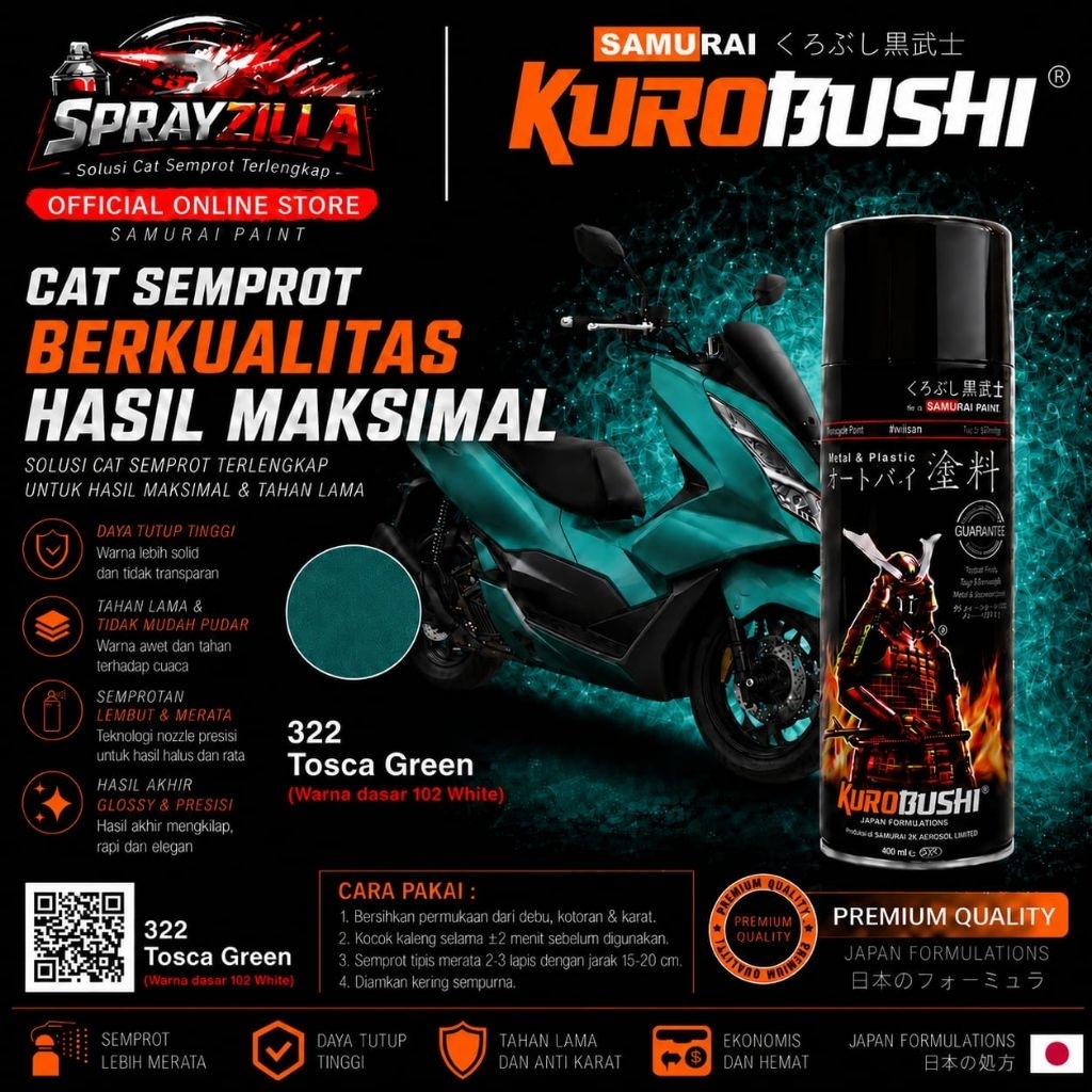 Samurai Paint Standard Tosca Green Hijau Tosca Biru Hijau #322 Cat Aerosol Kualitas Kompresor
