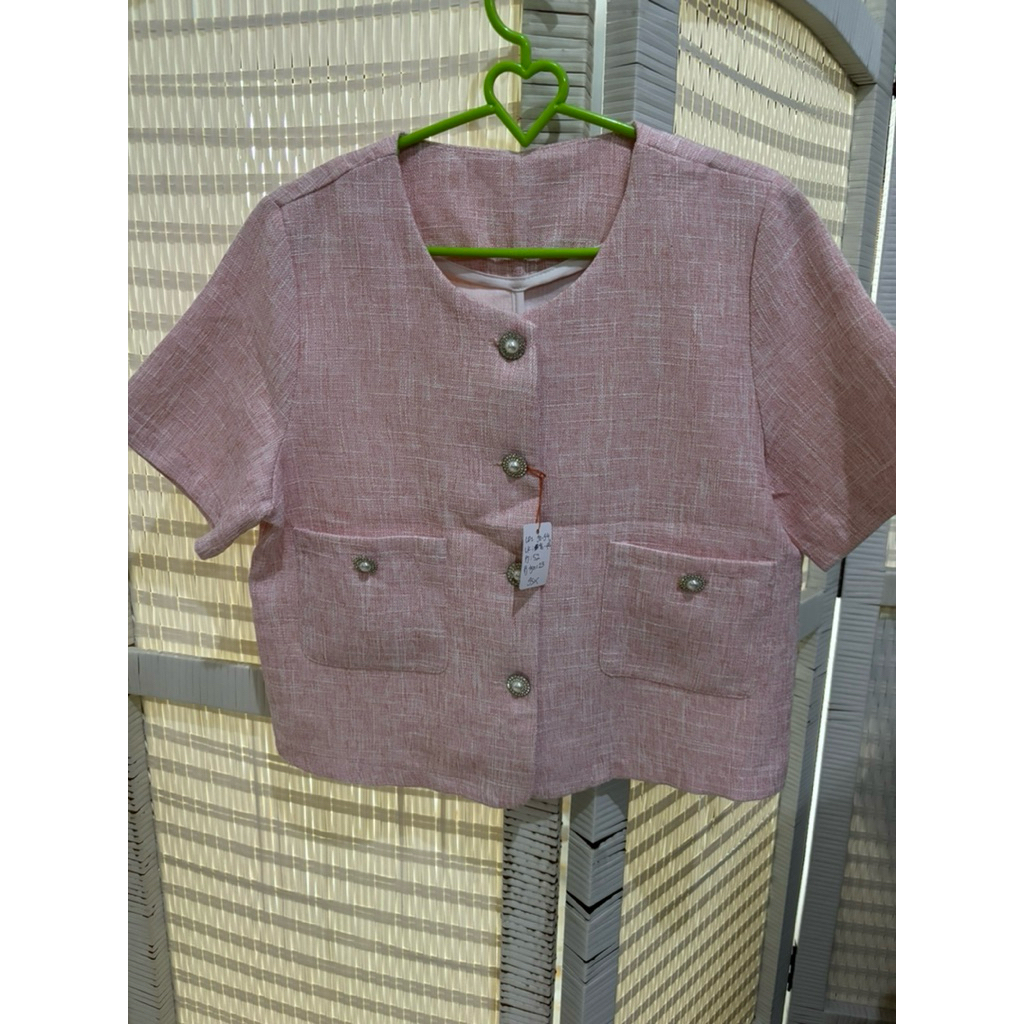 blazer crop tweed pink cantik