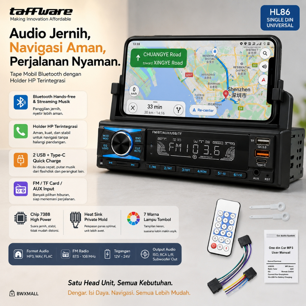 Tape Mobil Bluetooth Taffware HL86 Single DIN MP3 Player USB QC Type C Phone Holder Head Unit Audio 