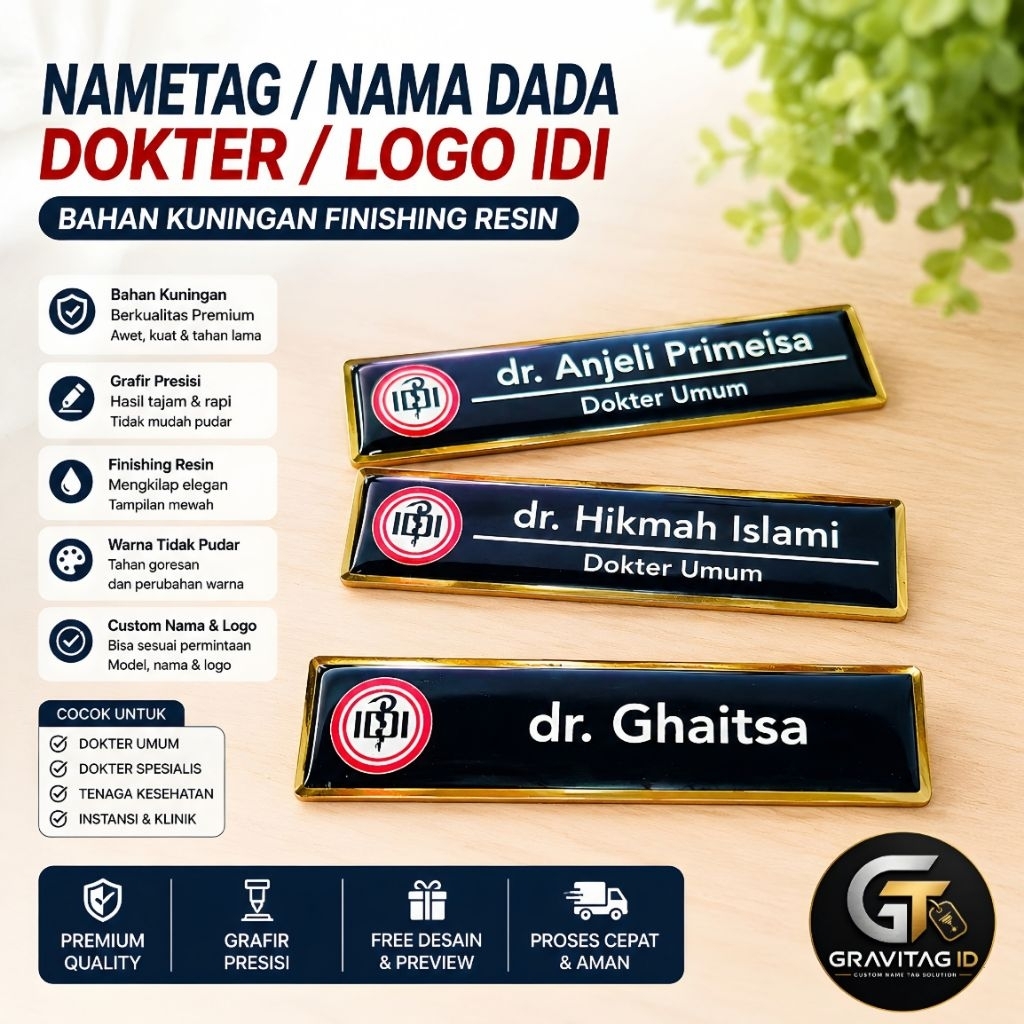 Nametag Kuningan Dokter Logo IDI Custom | Nama Dada Resin Premium Magnet Peniti