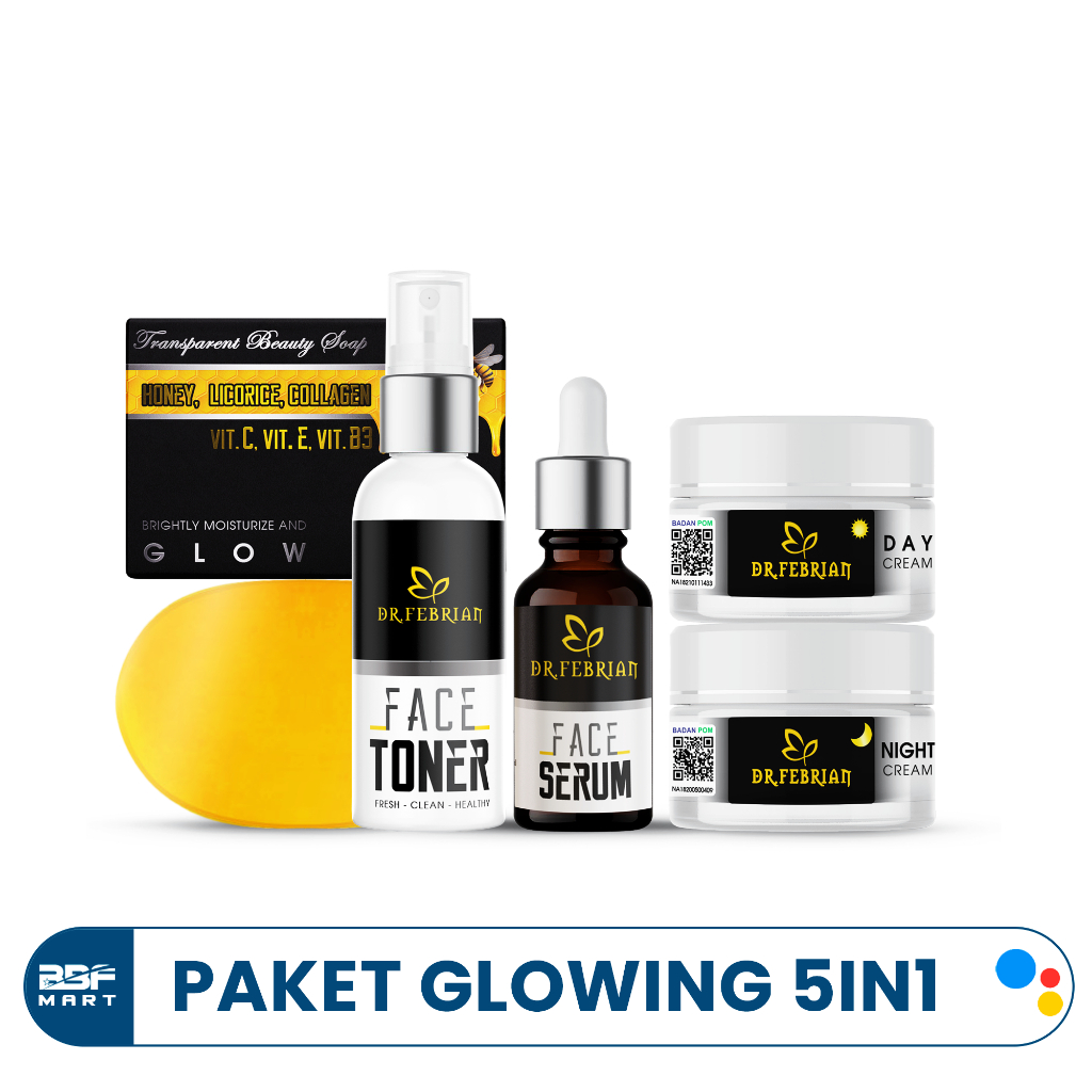Paket Lengkap Glowing 5in1 Dr Febrian Skincare - Rangkaian Skincare Pencerah Wajah Beauty Soap Cream