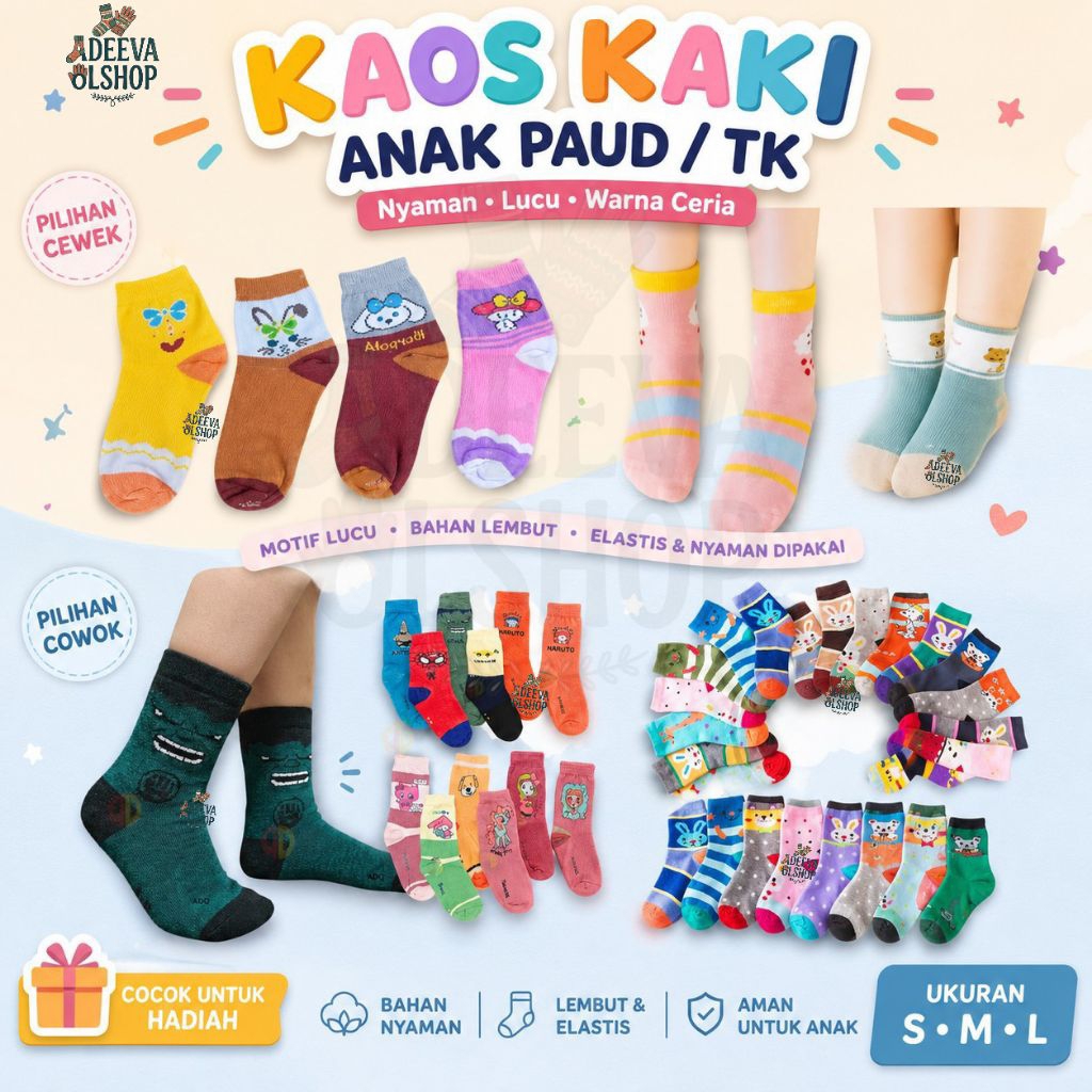 KAOS KAKI ANAK PAUD/TK MOTIF KARAKTER ANAK CEWEK/COWOK KEREN,LUCU NYAMAN