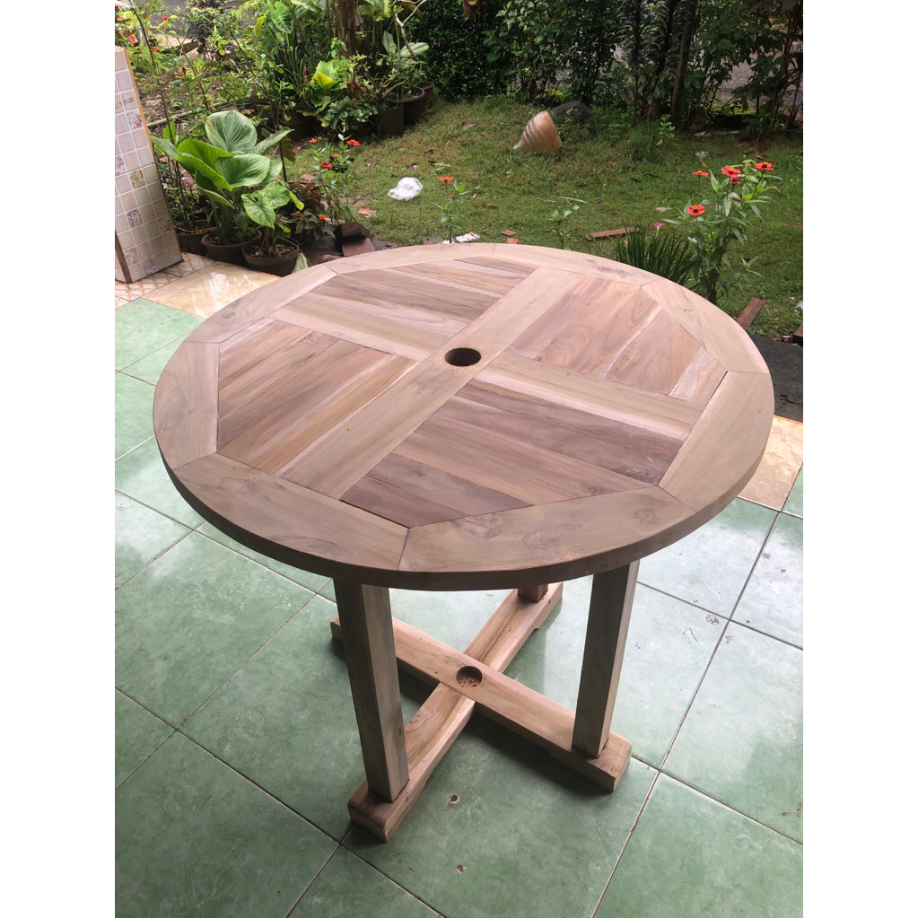 MEJA BUNDAR MEJA PAYUNG | MEJA BULAT OUTDOR | meja kopi minimalis kayu jati |meja cafe jati murah