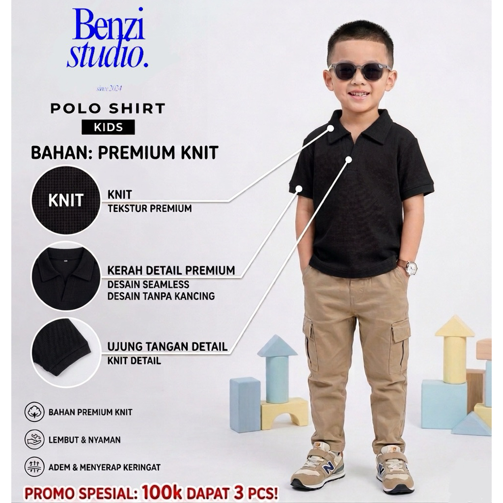 100rb dapat 3pcs kaos polo anak tanpa kancing bahan knit premium