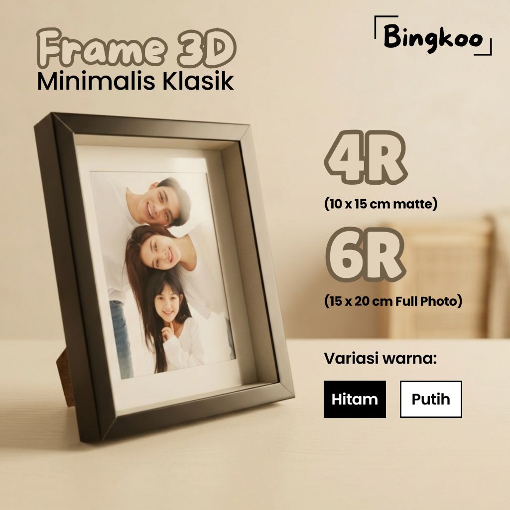 Bingkoo Frame Foto ukuran 4R 10x15 cm / 6R 15x20 cm Tebal 3 cm Pigura Kaca Minimalis Klasik Hitam Pu