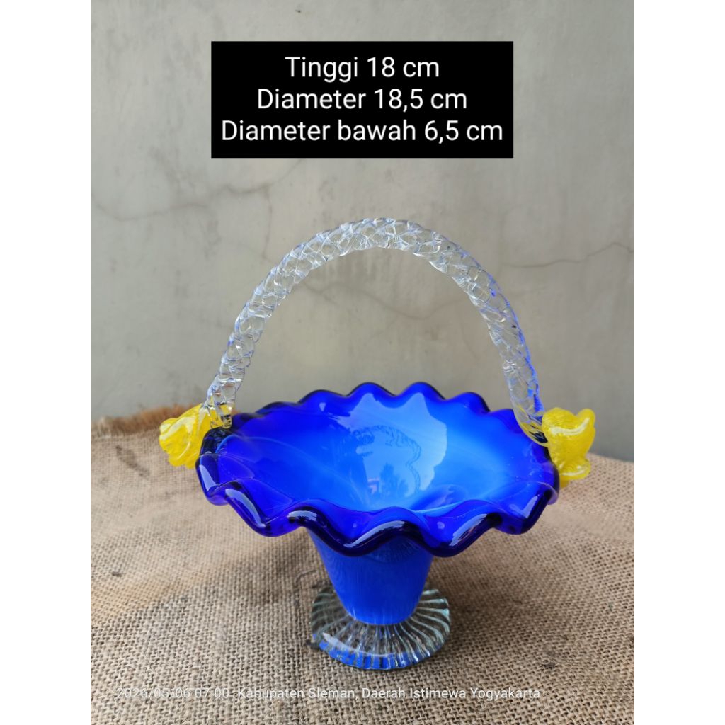 keranjang buah kaca biru gaganf burung vintage pajangan meja wadah saji kaca tiup cobalt blue motif 