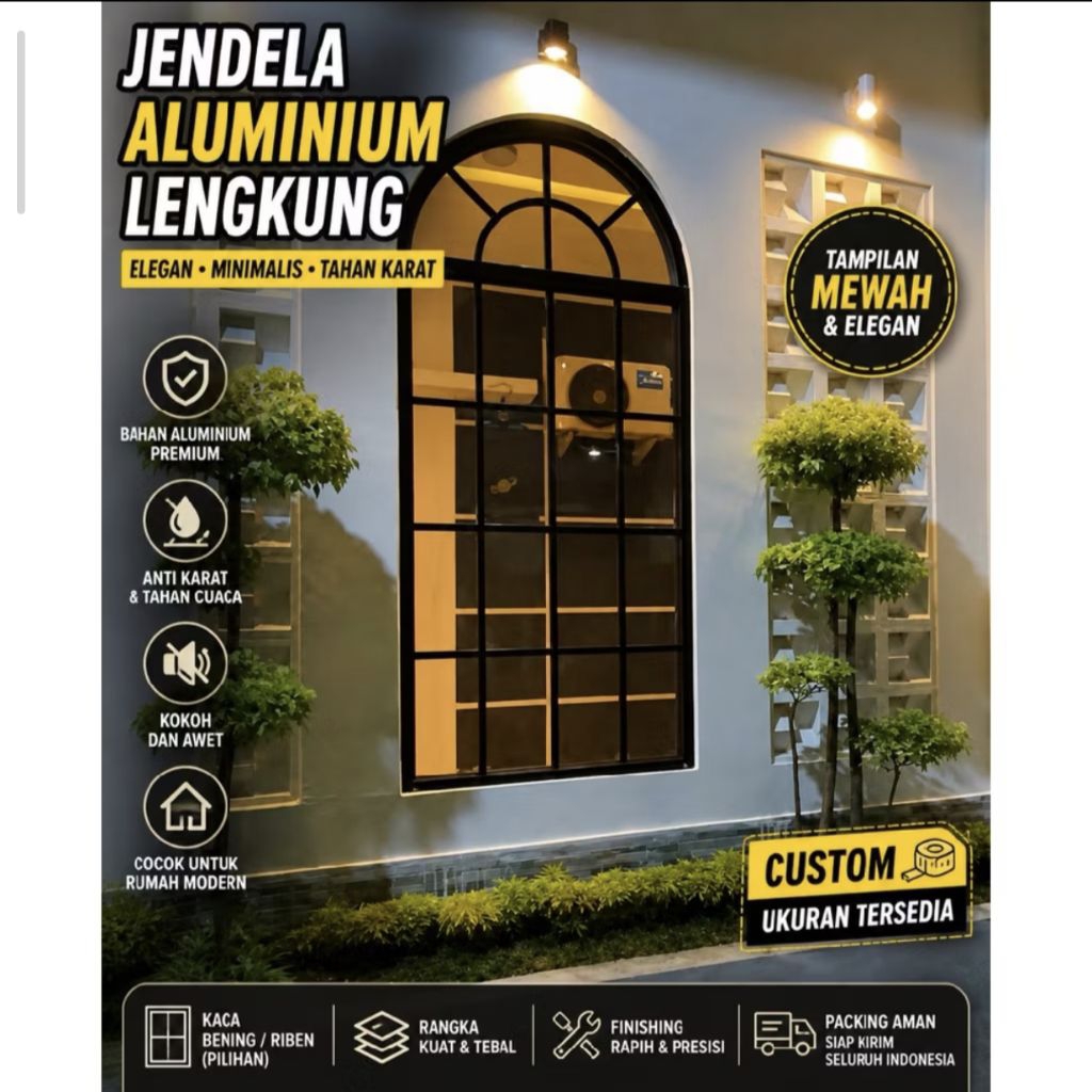 JENDELA ALUMUNIUM LENGKUNG KACA MATI MODERN | KUSEN ALUMUNIUM PREMIUM ANTI KARAT | BISA CUSTOM UKURA