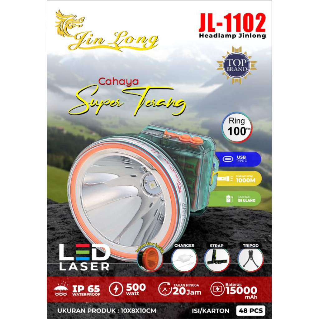 jinlong jl-1102 senter kepala 500watt waterproof cahaya putih + lensa kuning senter kepala led jumbo